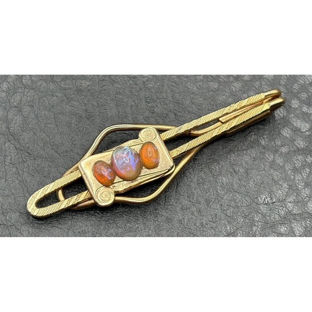 Vintage Dragon's Breath Cabochon Gold Plated Scroll Detail Tie Bar Clip Pin